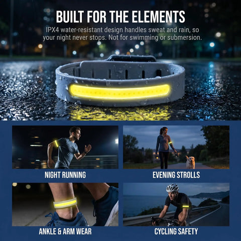 Lit Up Rechargeable LED Armband 6 Piece Set for night walks runs and rides, water-resistant silicone with bright light on wet surface
