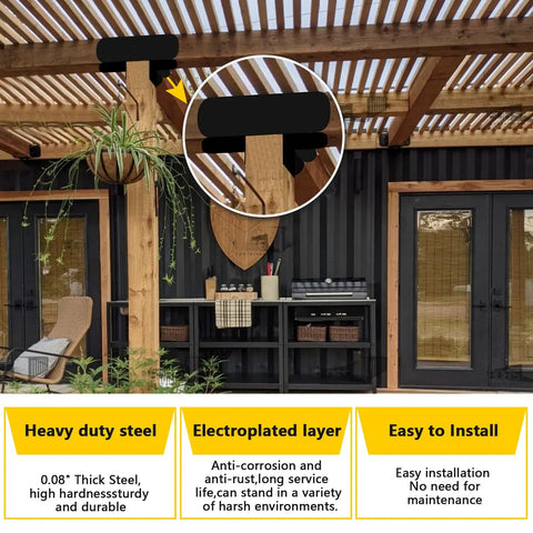 Four Way Right Angle Pergola Corner Brackets For 4x4 Wood Beams With Hardware, Heavy Duty 14 Gauge Steel, Matte Black Outdoor Bracket Set For Gazebos, Outdoor Huts, Cabins And Decks DIY Woodworking