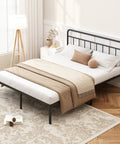 Rock Solid Full Size Bed Frame With Sleek Minimalist Headboard In Matte Black Modern Platform Setup with cozy bedding and decor.