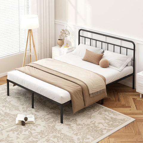 Rock Solid Full Size Bed Frame With Sleek Minimalist Headboard In Matte Black Modern Platform Setup with cozy bedding and decor.