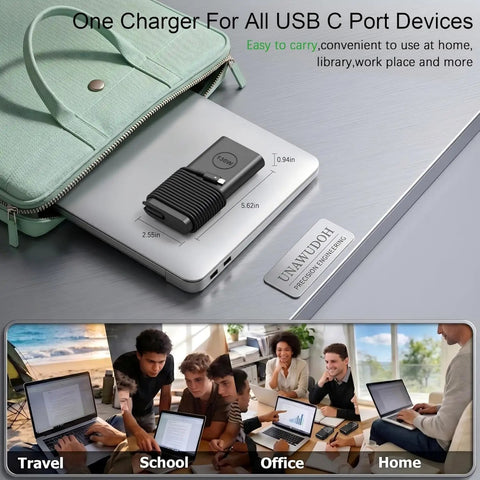 130W USB C Laptop Charger With USB Power Delivery Fast Charge For Beefy Performance Laptops, Compatible With Precision Latitude And XPS Series Ultrabooks And Workstations. Compact black charger on laptop