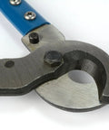 Close-up of Beefy Heavy Duty Wire Cutter For 4/0 Gauge Copper And Aluminum, precision-ground blades and blue handles.