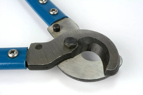 Close-up of Beefy Heavy Duty Wire Cutter For 4/0 Gauge Copper And Aluminum, precision-ground blades and blue handles.