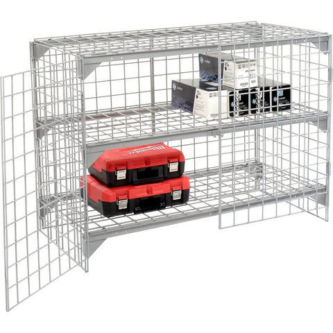 Heavy Duty Commercial Wire Mesh Security Locker With Two Swing Doors, Height Adjustable Shelf Supports, Padlock Ready Latches, Legit Gray Steel Storage Beast For Garage And Job Site with tools inside.