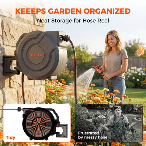 Pro Grade Retractable Garden Hose Reel Five Eighth Inch By One Hundred Feet With Nine Pattern Nozzle Wall Mounted shown in use.