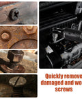 Collage showing the Fifteen Piece Screw Extractor Set With Three Eighths Inch Hex Drive Direct Wrench Ready used on damaged screws.