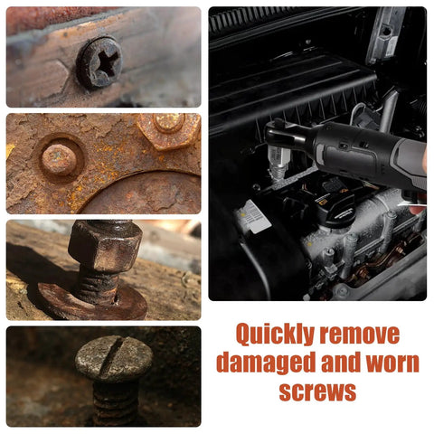 Collage showing the Fifteen Piece Screw Extractor Set With Three Eighths Inch Hex Drive Direct Wrench Ready used on damaged screws.