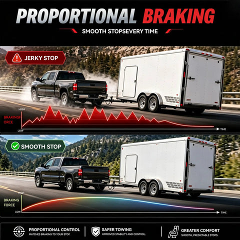 Wireless Bluetooth Trailer Brake Controller With 7 Pin Connector Plug That Lets You Dial In Braking Sensitivity On Your Smartphone for safe towing shown with braking graphics.