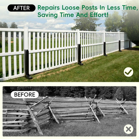 Battle Ready Four Pack Fence Post Repair Kit With One Piece Galvanized Steel Anchors And Rust Resistant Stakes For Tough Backyard Setups And Efficient Outdoor Fixes, showing before and after fence post repair.