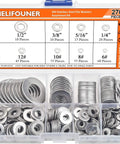 Front view of HELIFOUNER 270-piece stainless steel flat washers assortment kit in clear plastic box