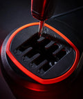 Close-up of Badass H Pattern Sim Racing Gear Shifter with red accents, showing seven gears and reverse for immersive gameplay.