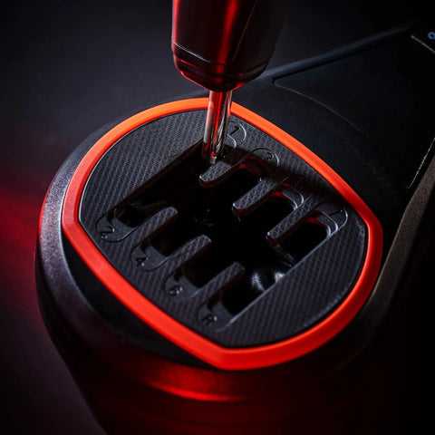 Close-up of Badass H Pattern Sim Racing Gear Shifter with red accents, showing seven gears and reverse for immersive gameplay.