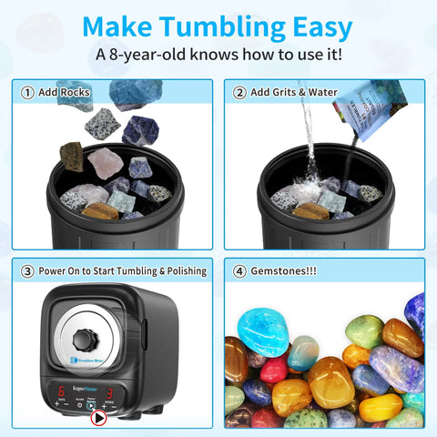 Ultra Quiet Rock Tumbler Kit With Brushless Motor Extra Large 3 Lb Barrel pro-grade steps showing rock transformation process