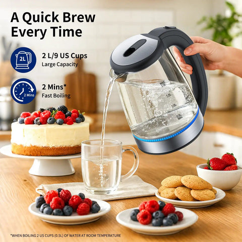 Person pouring water from 2L Glass Electric Kettle With 1500W Fast Boil Auto Shutoff LED Light BPA Free Borosilicate Glass