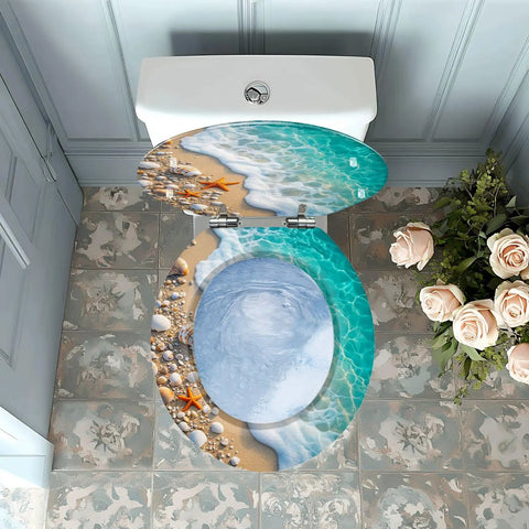 Round Toilet Seat Resin for Bathroom featuring beach scene design with shells and starfish, ideal for bathroom decor.