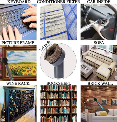 Collage showing All In One Vacuum Attachment Kit With Horsehair Hardwood Floor Brush cleaning various surfaces including keyboard, filter, and car.