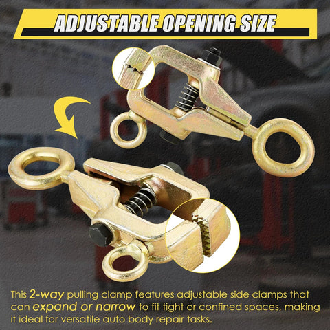 Front and side views of NATGAI 5-Ton 2-Way auto body pull clamp with self-tightening grips and gold finish.