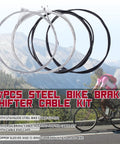 All In One Steel Bike Brake And Shifter Cable Kit With Stainless Cutter displayed against a mountain biking background