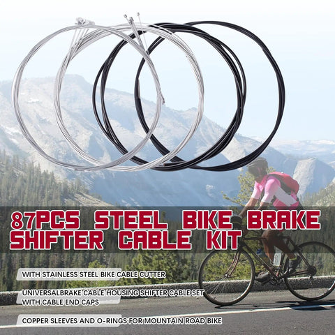 All In One Steel Bike Brake And Shifter Cable Kit With Stainless Cutter displayed against a mountain biking background