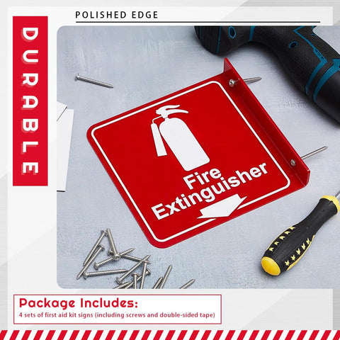 24 Pack Fire Extinguisher Signs 6.3 Inch By 6.3 Inch Durable Acrylic Warning Signs With Pre Drilled Holes Down Arrow Includes Screws And Adhesive Tape For Home Office And Biz Safety shown with tools and screws