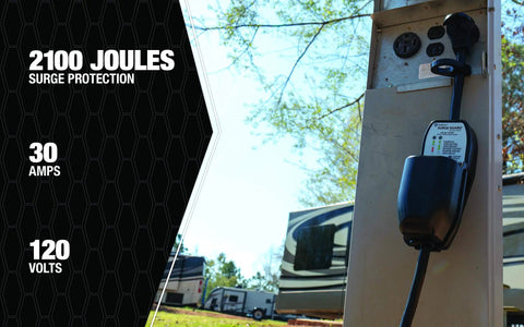 Beefy 30A Portable Surge Guard With Cover For Outdoor Use connected to RV park power pedestal in campsite setting