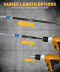 Beefed Up Heavy Duty Drill Bit Extension Set With Magnetic Bit Holder And Aluminum Sleeve Quick Release One Quarter Inch Hex Shank Includes Two Four Six And Twelve Inch Extensions Made From Durable CRV Steel shown at varied lengths in drills.
