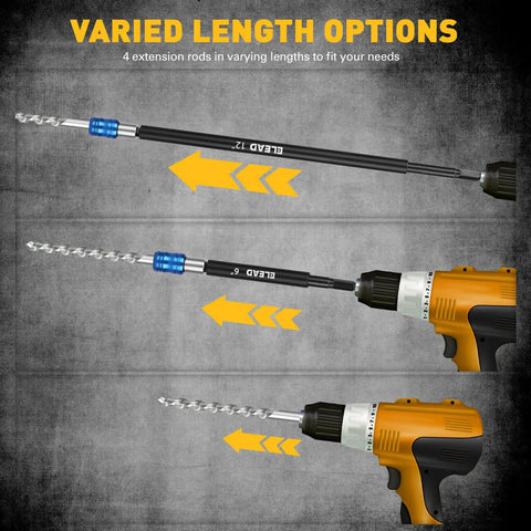 Beefed Up Heavy Duty Drill Bit Extension Set With Magnetic Bit Holder And Aluminum Sleeve Quick Release One Quarter Inch Hex Shank Includes Two Four Six And Twelve Inch Extensions Made From Durable CRV Steel shown at varied lengths in drills.