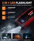 Powerful 5000A Jump Starter Pack For Cars And SUVs, 12V Lithium Battery Booster With LED Lights, flashlight feature shown