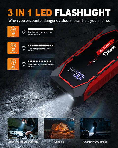 Powerful 5000A Jump Starter Pack For Cars And SUVs, 12V Lithium Battery Booster With LED Lights, flashlight feature shown