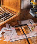 Top Shelf Hinge Mortising Jig Kit For Cabinets And Doors With Clear Acrylic Guide and Hex Wrenches, showcasing precision design and routing features.