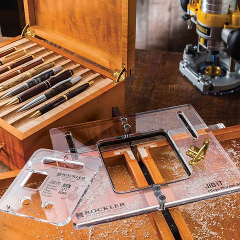 Top Shelf Hinge Mortising Jig Kit For Cabinets And Doors With Clear Acrylic Guide and Hex Wrenches, showcasing precision design and routing features.