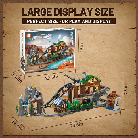 1170 Piece Mine Roller Coaster Building Blocks Set for Builders and STEM Geeks with model dimensions displayed