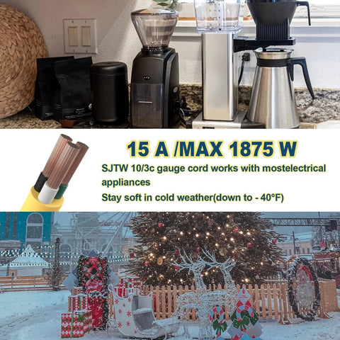 No Nonsense 10 Ft Extension Cord With Lighted End Triple Outlet 10 Gauge Pure Copper Wire Outdoor Rated 15 Amps Yellow SJTW for appliances.
