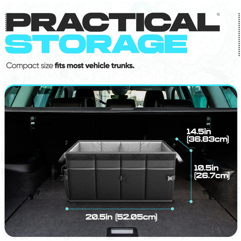 Must Have SUV Trunk Organizer Foldable 50L Storage Sturdy Box Design with 600D Oxford in vehicle trunk showing dimensions