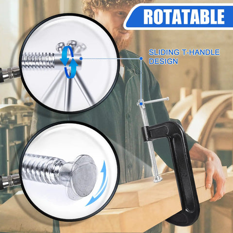 Beefy 8 Pack C Clamp Set 6 Inch Heavy Duty Cast Iron Frame Sliding T Handle For Maximum Stability Ideal For Woodworking Welding Building And Automotive Projects Black, rotatable sliding T-handle close-up