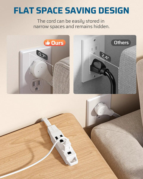 Six Foot Flat Plug Extension Cord With Three Outlets 16 Gauge Copper Wire 125 Volt 13 Amp 1625 Watt Fits Tight Spots
