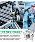Mini Micro DC Gear Motor 35W 12V 150 RPM with CW CCW, silver finish, showcased in industrial automation setting.