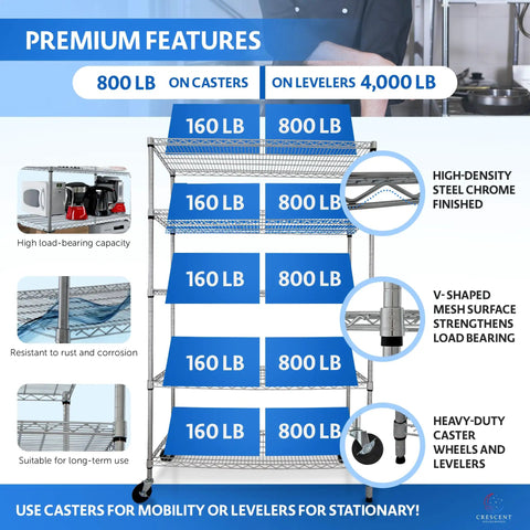 Beefy 4000 Lbs Heavy Duty Wire Rack With Five Tier Design On Wheels 48 By 18 By 76 Inches NSF Commercial Chrome Shelving features