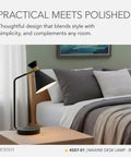 All-in-One Desk Lamp With Qi Wireless Charging Pad And USB Port on nightstand, matte black and brass finish, adjustable shade