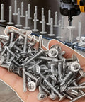 Heavy-Duty 410 Stainless Self-Tapping Screws Set With Flat Head Phillips Self-Drilling for wood and sheet metal, 19mm, 20 pack shown in hand and being used with drill