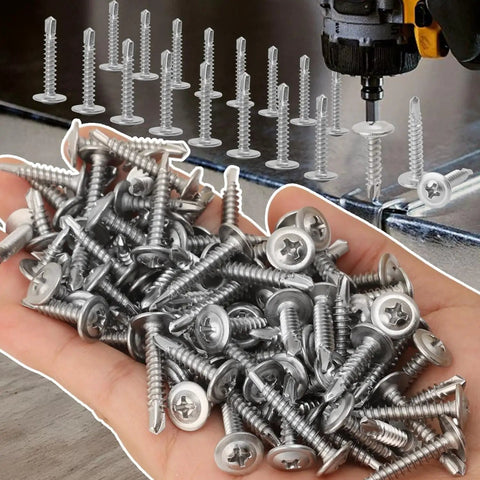 Tough As Nails 410 Stainless Steel Self Tapping Screws Heavy Duty Phillips Head Self Drilling Fasteners For Wood Metal Projects And Furniture Build Out Sixty Piece Assortment Kit in hand, showcasing various screw sizes.