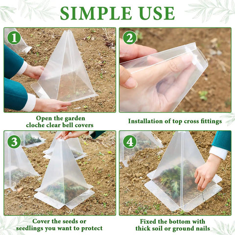 Twenty Pack Plant Cloche Covers For Seedlings, Clear Plastic Mini Greenhouse Shields To Protect Vegetables From Sun, Frost, Pests, Snails And Birds, Reusable With 40 Ground Stakes And 20 Cross Supports, 7.8 By 11 Inches