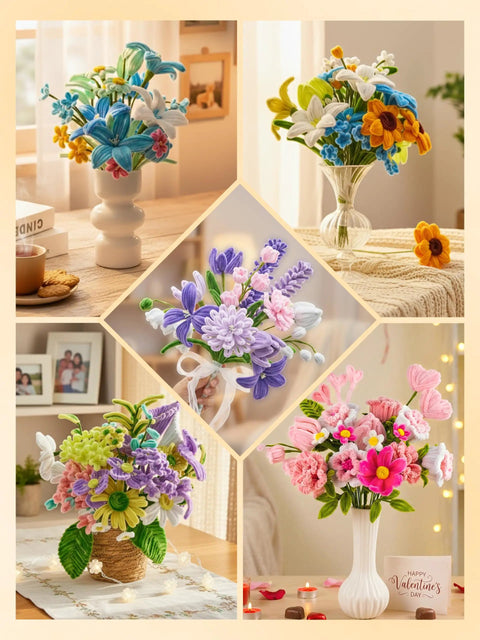 500 Pieces Pastel Pipe Cleaners Flower Kit For Flower Making Pink White Green Yellow 6 Color Chenille Stems arranged in vases
