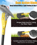 Heavy Duty Pro Grade Thatch Rake For Lawns 15 Inch Dual Action Dethatcher With Sharp Blade For Dead Grass Removal And Soil Loosening Lawn Dethatching 70 Inch Manual Thatcher For Yard Garden And Lawn, showcasing sharp tines and dual-action blades with yellow handle.