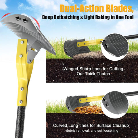 Heavy Duty Pro Grade Thatch Rake For Lawns 15 Inch Dual Action Dethatcher With Sharp Blade For Dead Grass Removal And Soil Loosening Lawn Dethatching 70 Inch Manual Thatcher For Yard Garden And Lawn, showcasing sharp tines and dual-action blades with yellow handle.