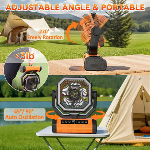 Beast 20000mAh Rechargeable Camping Fan With Digital Battery Gauge 4 Speed Settings Remote LED Light in outdoor setup
