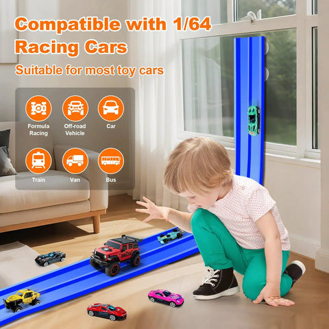 Child playing with 15 Foot Flexible Double Lane Race Track For 1 64th Diecast Cars on floor and window, blue, suction cups visible.