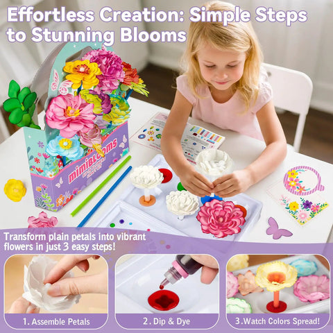 Paper Flowers Science Kit For Kids Ages 6 To 11 With Petals, Stems, Dye Tablets, Droppers, And Easy Instructions For Color Mixing And Capillary Action Learn Hands On STEM Fun girl assembling white paper flower