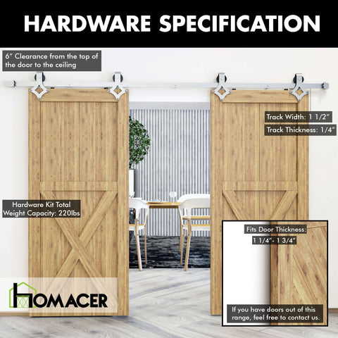 Brushed Nickel Sliding Barn Door Hardware Kit For Double Doors, 9ft Flat Track With Diamond Rollers, Heavy Duty Interior Use