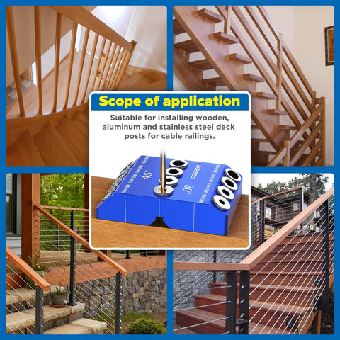 Pro Grade Angled Drill Guide Jig Kit For Wood Posts And Cable Railing with four durable bits, installed in deck railing projects.